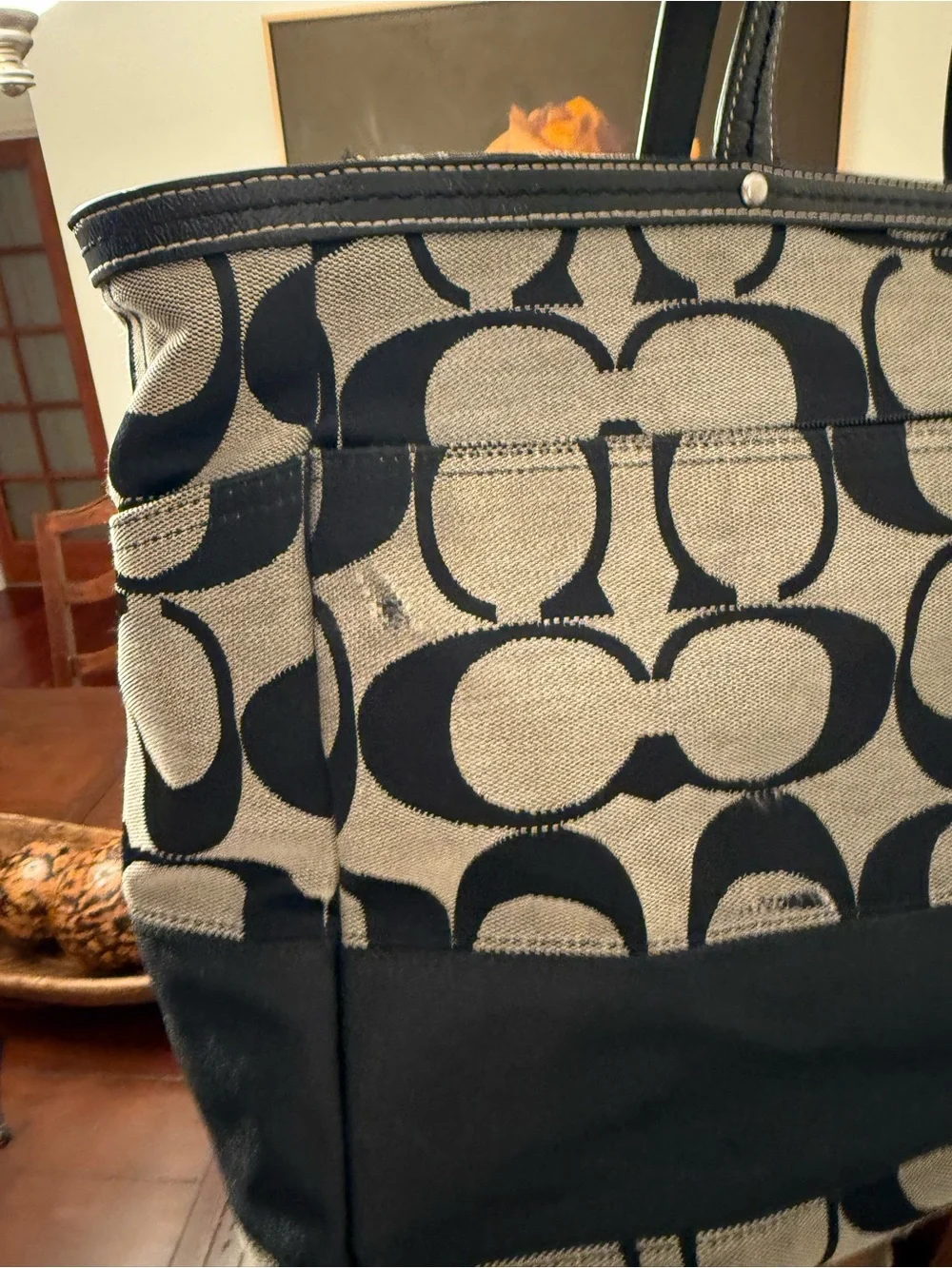 Coach Black and Cream Signature Canvas Tote with Tag and Medallion